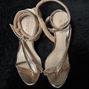 SCHUTZ Gold Metallic Snake-Embossed Strappy Heels